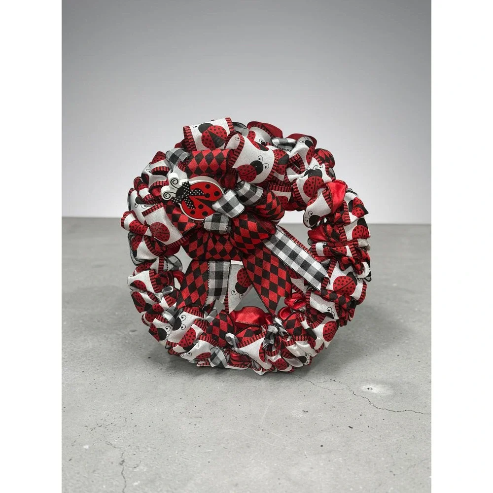 Handmade Ribbon Ladybug Wreath: Vibrant Red Black Decor
